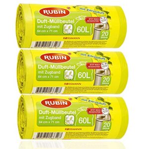 Zugband Müllbeutel mit frischem Zitrusduft - 60 Liter (60 Stück) - 3er Pack (3 x 20 Stück) - Ideal für Haushalt, Büro und Bad