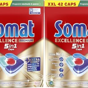 SOMAT Excellence Premium 5in1 Caps (2 x 42 AW), schnellauflösende Spülmaschinentabs mit Extra Boost auch im Niedrigtemperatur-, Kurz- & Eco-Programm, entfernen selbst 72 h eingetrocknete Essensreste