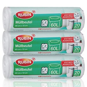 Müllbeutel - 60 Liter - besonders Reißfest - 3er Pack - 60 Stück ( 3 x 20 Stück) - aus recyclebarem Polyethylen (PE)-