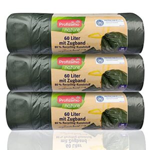 Öko Müllbeutel mit Zugband - 60 Liter (60 Stück) - Extrem Reißfest & Flüssigkeitsdicht - 3er Pack (3x20 Stück) - "Blauer Engel" Zertifikat