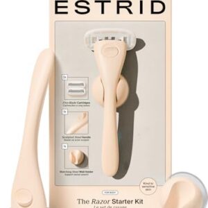 Estrid Razor Starter Set Damen Rasierer Set mit 5 Klingen System, vegane Feuchtigkeitsstreifen, 2 Ersatzbürstenköpfe klein, Wandhalterung (Fawn)