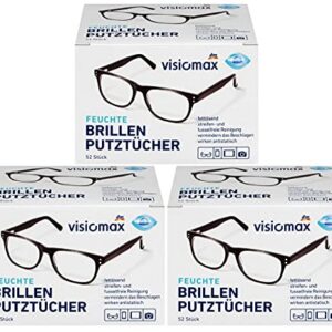 Brillen Putztücher - Feucht und fettlösend für eine streifenfreie Reinigung - 156 Stück - 3er Pack (3 x 52 Stück) - für alle Brillengläser aus Glas und Kunststoff