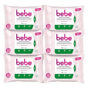 bebe Erfrischende Reinigungstücher (6 x 25 Tücher), milde Abschminktücher mit Rosenwasser, Make-up Entferner aus Fasern 100% pflanzlichen Ursprung, Gesichtsreinigung für normale Haut, vegan*
